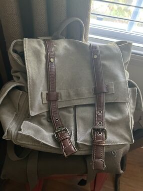 Canvas Flap Backpack with Brown Leather Straps - Olive